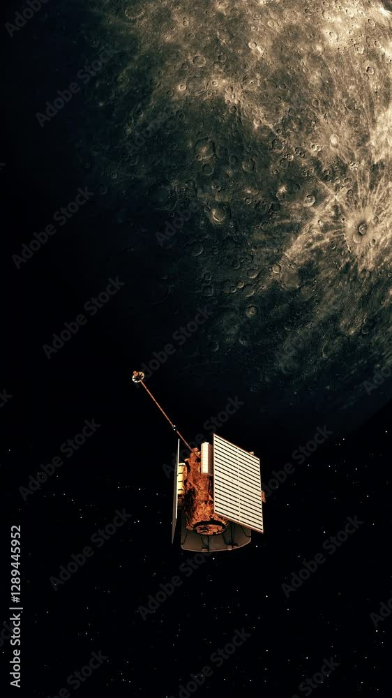 Wall mural an interplanetary space station deploys solar panels in orbit of the planet mercury. 3d animation. 4