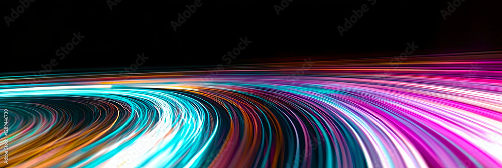 Poster Laser Beams Curve Dynamically in Dark Space Showcasing Speed and Data Flow
