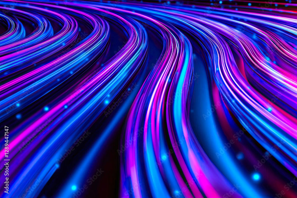 Poster Curved Laser Beams Create a Dynamic Flow in a Dark Space Illustrating Speed and Acceleration