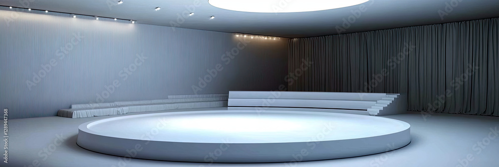 Poster futuristic white stage design with clean lines for modern performances