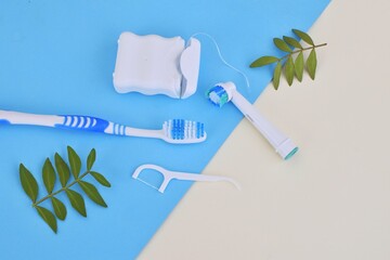 Toothbrushes, dental floss. Daily oral and dental care.