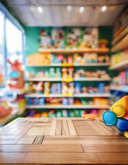 A wooden tabletop with colorful toy storage boxes stacked against a blurred background of shelves filled with toys