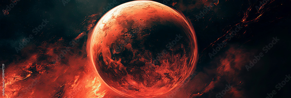 Aufkleber mars rises majestically in the cosmos with phobos moving across its surface