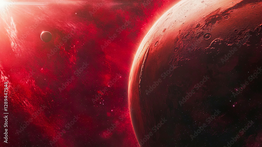 Poster mars rises majestically with phobos transiting in the depths of cosmic wonder