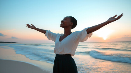 Woman stands by the beach at sunset with arms wide open embracing the ocean breeze