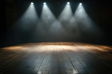 舞台上に照らされたスポットライトの演出と木製の床が見える空間