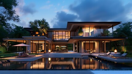Obraz premium Elegant modern villa with pool reflecting twilight sky creating serene ambiance