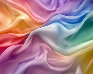 Obraz premium Colorful flowing silk fabric in shades of pink, purple, blue, and yellow, with smooth gradients, showcasing the concept of elegance, softness, and vibrant beauty.