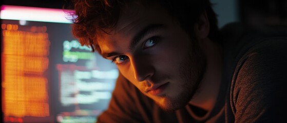 In low light, a programmer peeks from behind a vibrant code-filled screen, capturing a mix of curiosity and engagement.