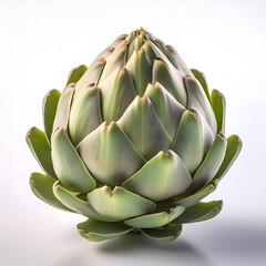 A single artichoke, showcasing its light green hue and textured petals against a gradient white background