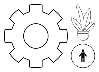 Gear next to plant pot and human icon representing industrial productivity, ecological balance, and human-centered design. Ideal for sustainability, technology, productivity, work-life balance