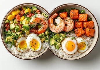 Healthy Food Bowl with Rice, Grilled Salmon, Shrimp, Avocado, Mango, Vegetables, and Poached Eggs for a Balanced Nutritional Meal