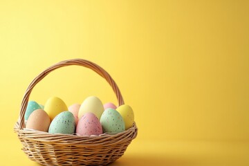 Naklejka premium Easter concept: Easter eggs in a basket on a table against a yellow background with copy space a banner for an Easter holiday celebration advertisement Generative AI
