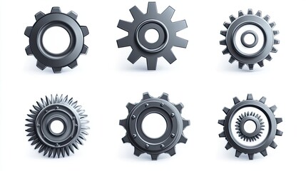 Set of  metallic gears with various shapes and teeth designs arranged on white background
