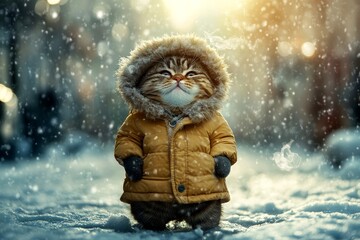 Happy cute adult cat persian in winter warm clothes, frosty breath from nose and mouth in cold atmosphere. Pet health. Sidesplitting pets. Kitten winter scarf. Kitten care guide. Cozy cat nes.
