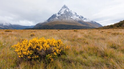 Snow-capped peak, autumnal plains, yellow flowers, scenic mountain range background, travel poster