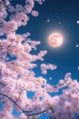 Moon and beautiful cherry blossom flower at full blooming in Spring.