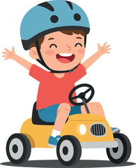 Happy child riding a yellow toy car wearing a blue helmet in a playful and vibrant flat vector illustration