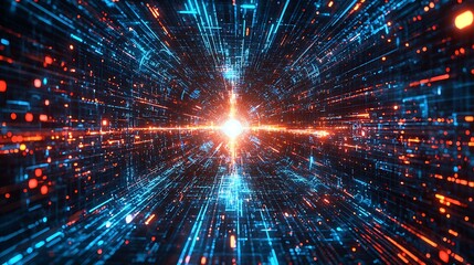 Naklejka premium Digital data tunnel effect with bright light at the end, abstract tech design in deep space