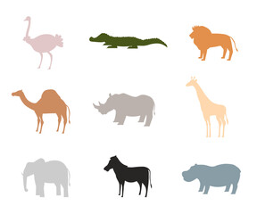 Set of African animal silhouettes in different colors, including ostrich, crocodile, lion, camel, rhino, giraffe, elephant, zebra, and hippo. Minimalistic wildlife vector illustrations.