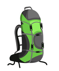 Hiking green backpack. Camping gear isolated on transparent background. Tourist accessory. Green travel rucksack with sleeping bag. Hike knapsacks. Trekking equipment. Flat vector illustration.
