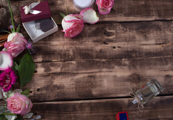 Fashion collection with accessories, flowers, cosmetics and jewelry