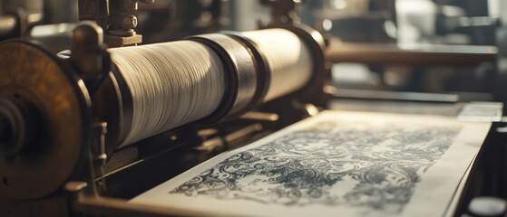 Fototapeta premium An antique printing press etches intricate designs onto paper, capturing the rich history and artistry involved in early printing techniques.