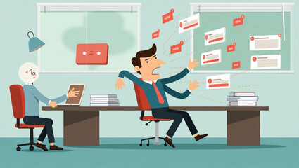 Businessman Escaping Annoying Notifications, Alerts and Pop-Ups, Overwhelmed by Digital Distractions in Office