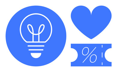 Blue light bulb in circle, heart, and percentage discount coupon symbol. Ideal for creativity, innovation, love, affection, discounts savings promotions. Modern minimal abstract line flat metaphor
