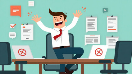 Businessman Escaping Annoying Notifications, Alerts and Pop-Ups, Overwhelmed by Digital Distractions in Office