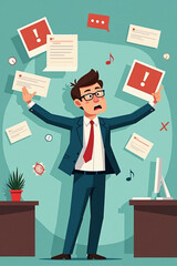 Businessman Escaping Annoying Notifications, Alerts and Pop-Ups, Overwhelmed by Digital Distractions in Office