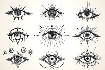 A set doodle-style eye designs, featuring esoteric and symbolic shapes