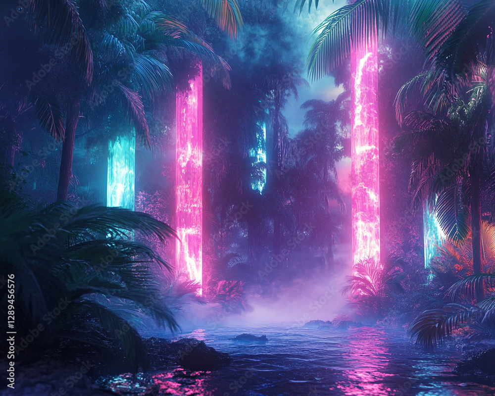 Poster Neon glowing columns in a misty tropical forest with a reflective water surface, showcasing a fusion of nature and futuristic technology, creating a surreal atmosphere.
