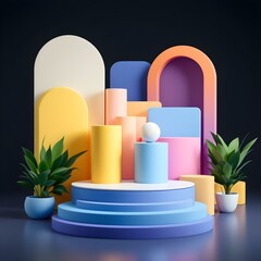 3D render, geometric shapes, product display podium