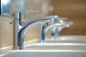 A set faucets and taps for kitchens and bathrooms, designed with both hot and cold water mixers and presented with full depth field