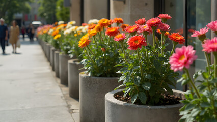 Freshly Cut Flowers in City Pots. Urban Flower Magic in Concrete Planters. Vibrant Blooms Against Gray Cement. City Square Floral Displays for Inspiration.