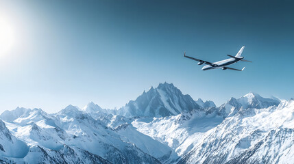 Fototapeta na wymiar A sleek jet gliding above snow-covered mountains under a clear blue sky with the peaks glowing in the sunlight.