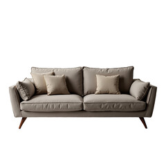 Modern beige fabric sofa with cozy cushions and wooden legs in elegantly designed living space