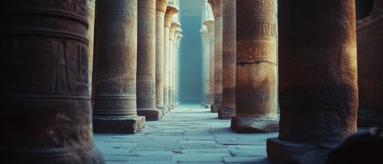 Sunlight filters through towering stone columns, illuminating an ancient passageway that whispers secrets of a bygone civilization.