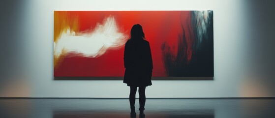 Fototapeta premium A figure stands before a bold, abstract painting with swirling vibrant colors, embodying the powerful emotion of contemporary art in a minimalist setting.