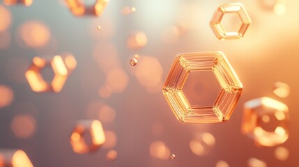 Floating golden hexagons with beautiful refraction and depth of field