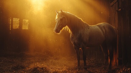 Majestic horse standing in a sunlit barn with golden rays filtering through the dusty atmosphere, showcasing the beauty of nature and animals.
