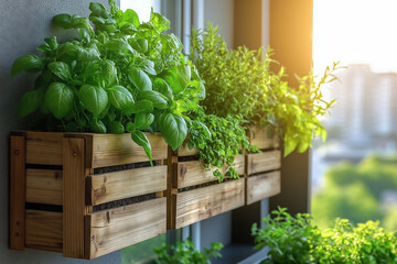 Fototapeta premium Vertical herb garden thriving in late afternoon sunlight on urban balcony