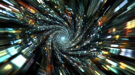 A storm of data streams fragmented into spiraling shards of holographic grids
