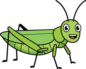 Happy green grasshopper character in a playful, minimal style vector illustration