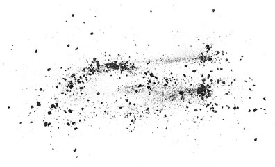 Black coal dust with fragments isolated on a white background, top view. Charcoal particles.
