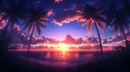 Obraz premium Breathtaking sunset over calm ocean tropical beach digital art serene environment wide angle nature's beauty