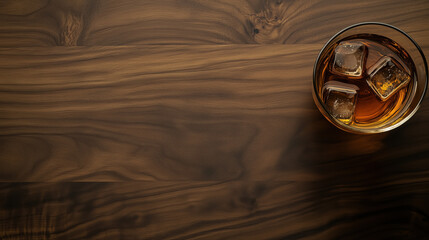 Fototapeta premium A Glass of Premium Whiskey with Ice in the corner of a dark Wooden Surface, Leaving Expansive Space for Text or Images, copy space