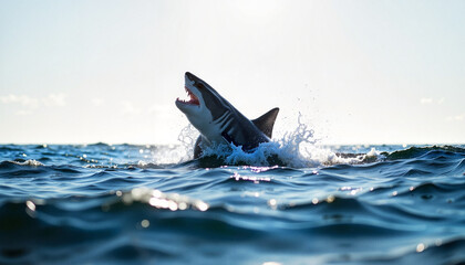 Fototapeta premium Shark jumping out of the water against a sunny ocean backdrop