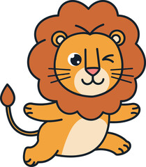 Naklejka premium Playful cartoon lion with a friendly wink in a flat vector illustration style